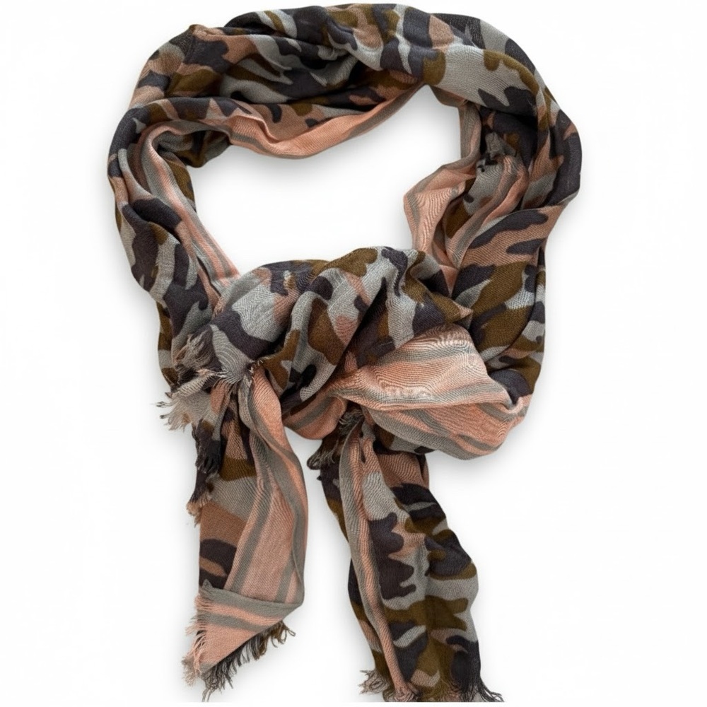J Crew Factory Camo Scarf Pink Green Grey Camouflage Fringed Wrap Lightweight